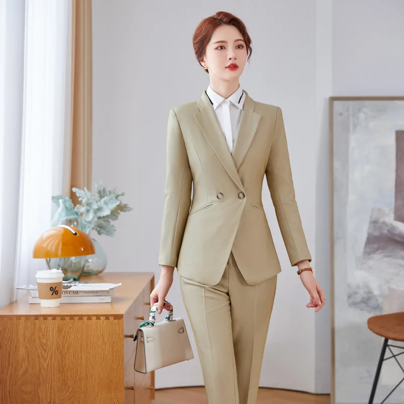 IZICFLY New Style Autumn Spring Professional Business Khaki Elegant Slim Office Jacket Pant Suit For Women Work Wear