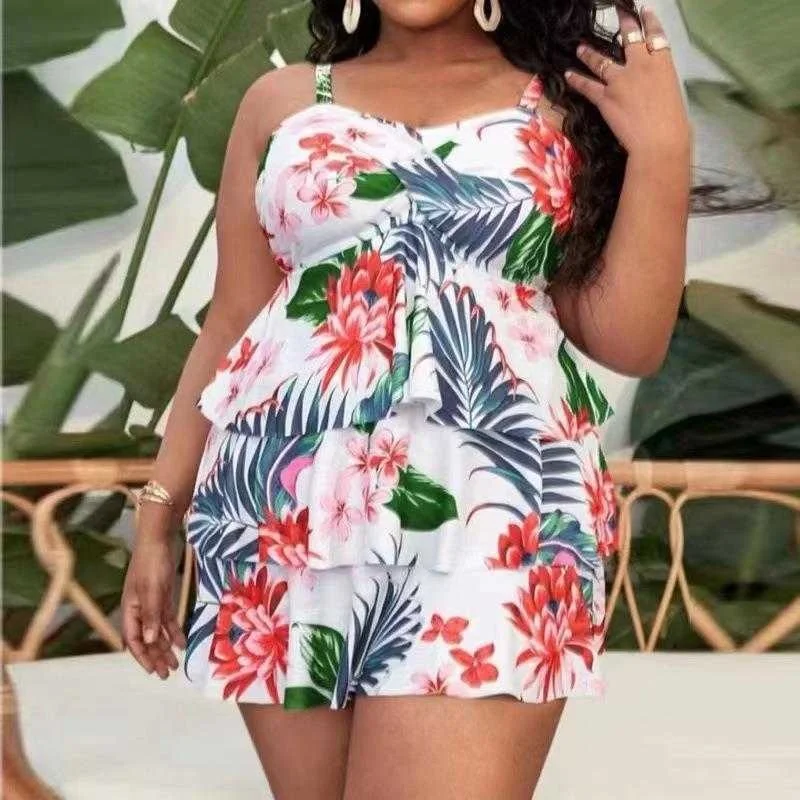 

Large Size Fat Woman Split Swimsuit Digital Printing Multi Layer Ruffled