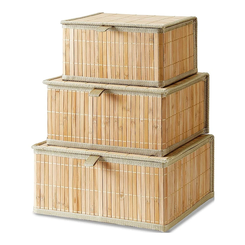 

3 корзины для хранения с крышками-декоративные бамбуковые Органайзеры для хранения-плетеная корзина с тканевой подкладкой