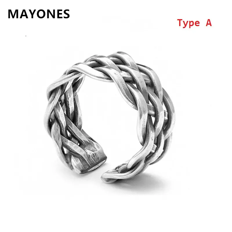 

MAYONES Pure Silver 925 Silver Male Female Couple Braid S925 Ring Thai Silver Retro Opening Adjustable Weave Ring Bands Jewelry