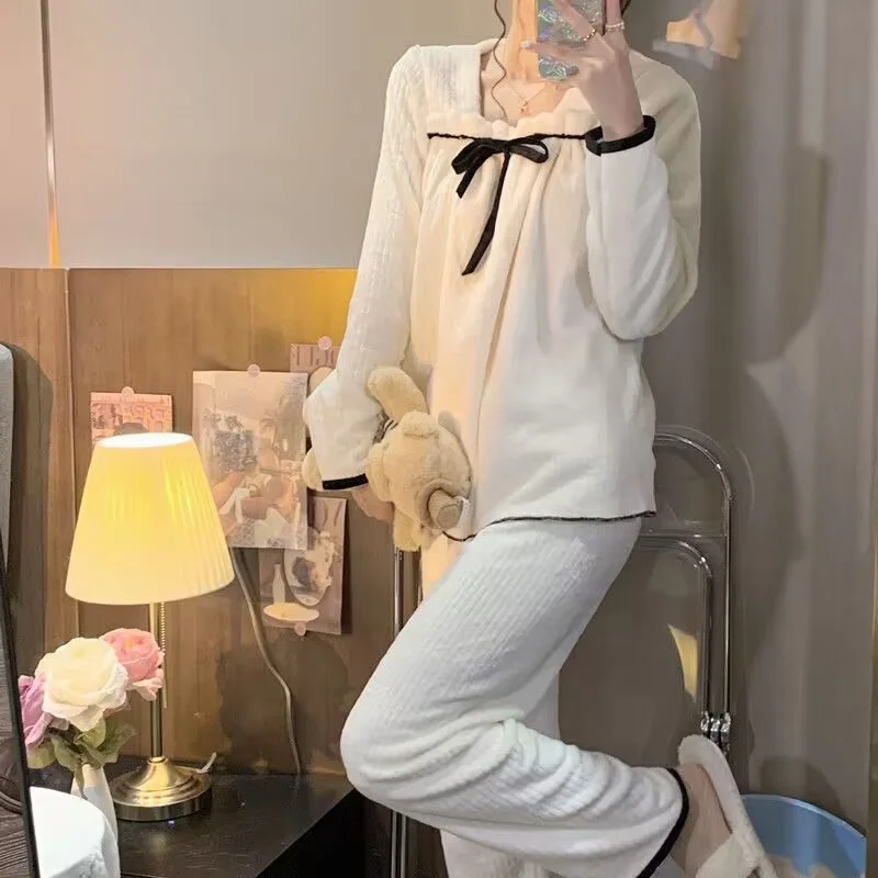 Sexy Bow Pajamas Set Full-Sleeve Long Pants 2Piece/Set Sweet Princess Pink Pyjama Big Size Homewear Cozy Winter Plush Sleepwear