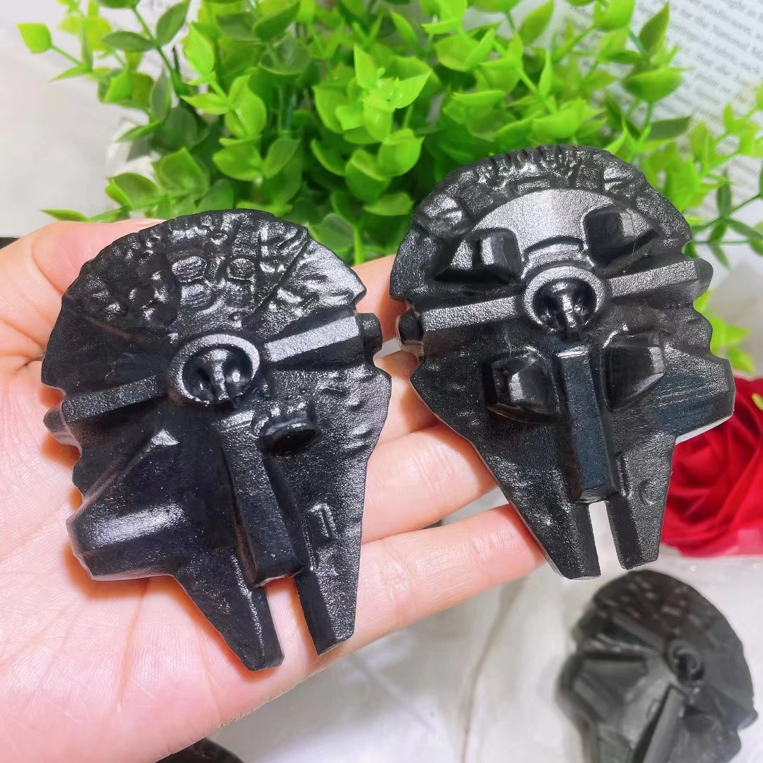 

Natural Black Obsidian Crystal Space Ship For Home Ornament and-carved and polished cute cartoon Halloween Pirate ship 1pcs