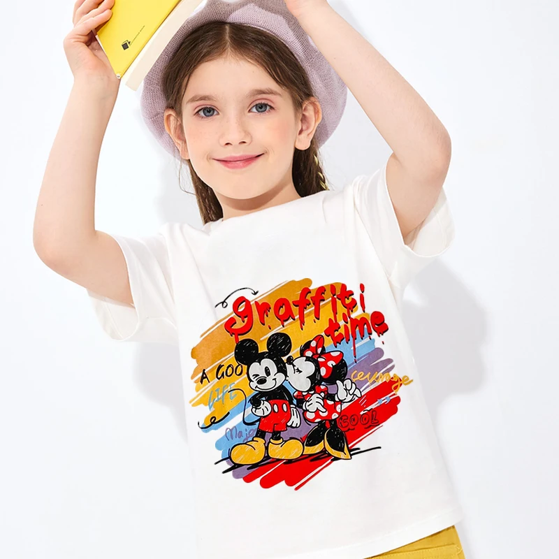 

Новая дизайнерская летняя детская футболка Disney, топы с мультяшным Микки, детская повседневная одежда, хлопковая футболка для девочек и маль...