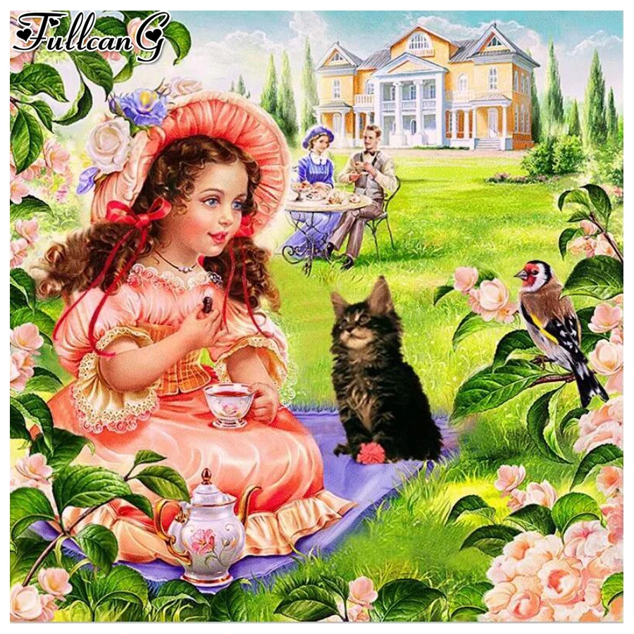 

FULLCANG mosaic garden girl 5d diy diamond painting full round square rhinestone embroidery animal cat home decoration FG0730