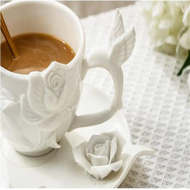 

Comfort Handle Teacup Embossed Rose Is The Design European Style Ceramic Plate Three-dimensional Sense High Quality Ceramic Mugs