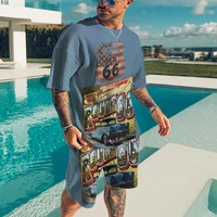 mens summer suit tracksuit us route 66 print beach man set oversized t shirt and shorts 2 piece male clothes casual new vintage