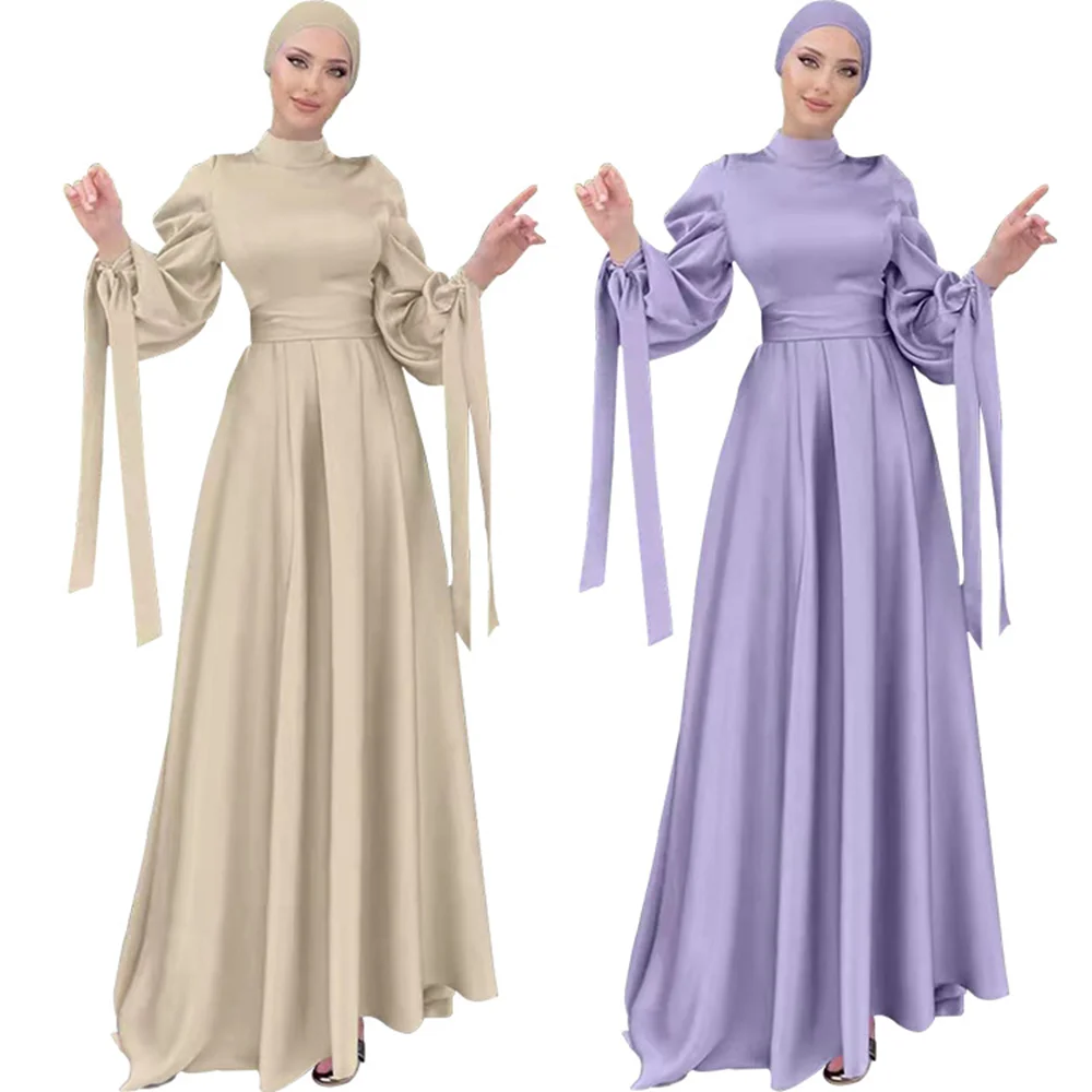 

Muslim Fashion Puff Sleeve Satin Abaya Dress Women Islamic Dress Hijab Dubai Turkish Arabic Evening Dresses with Ribbon