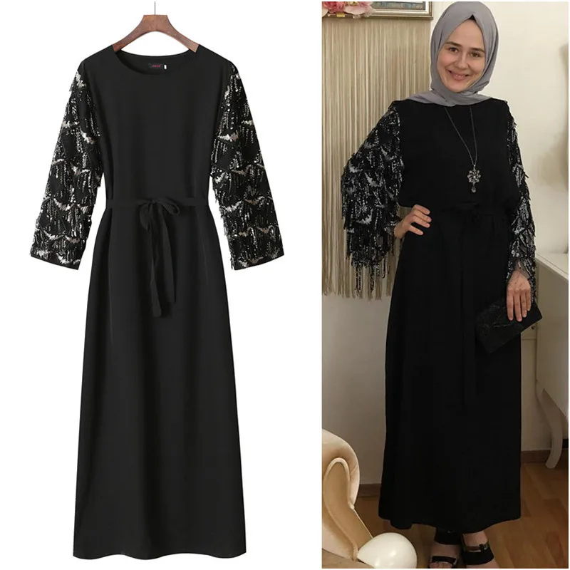 

Dubai Arab Muslim Dress Women Long Robe Fashion Tassel Lace-up Maxi Hijab Dresses Kimono Kaftan Elbise Islamic Clothing Abaya