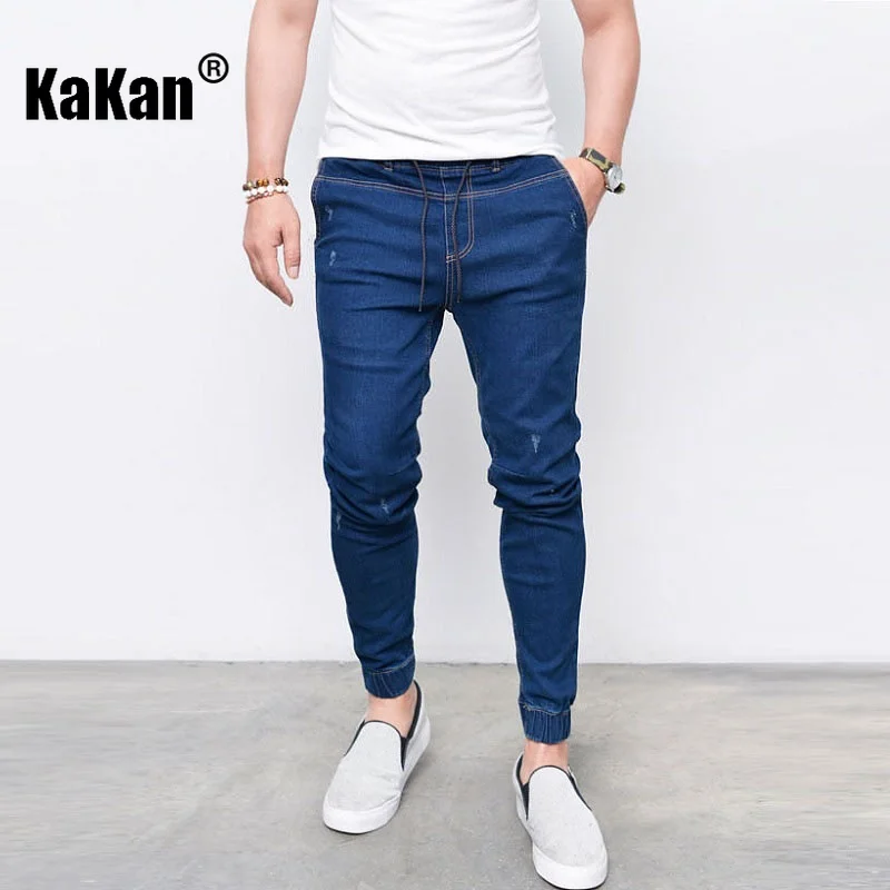 Kakan - Popular New Men's Small-foot Elastic Jeans In Europe and America, Slim Dark Light Blue Black Long Solid Jeans K016-1181