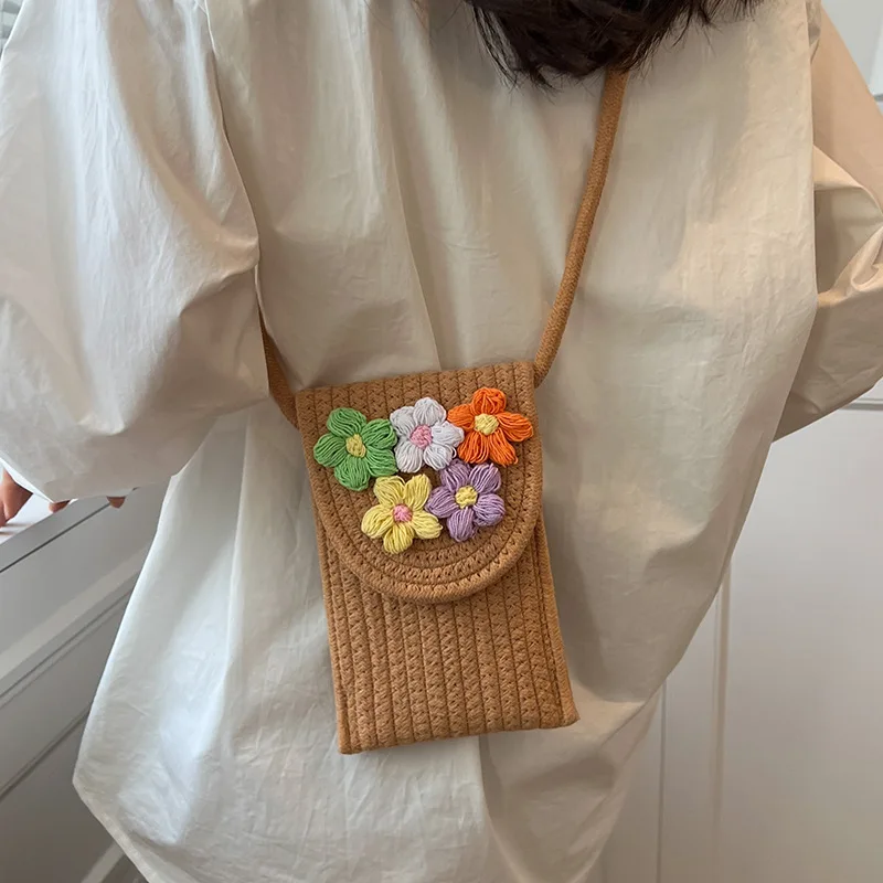 

Cotton Rope Mobile Phone Bag Women Messenger Mini Small Bag Handwoven Flower Coin Purse Beach Bag Bolso Del Teléfono Móvil