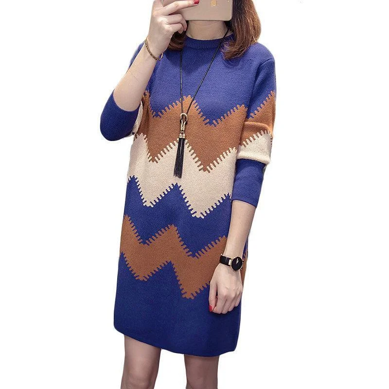 

Женское трикотажное платье-свитер средней длины, повседневное свободное плотное трикотажное платье в полоску в стиле пэчворк, Осень-зима ...