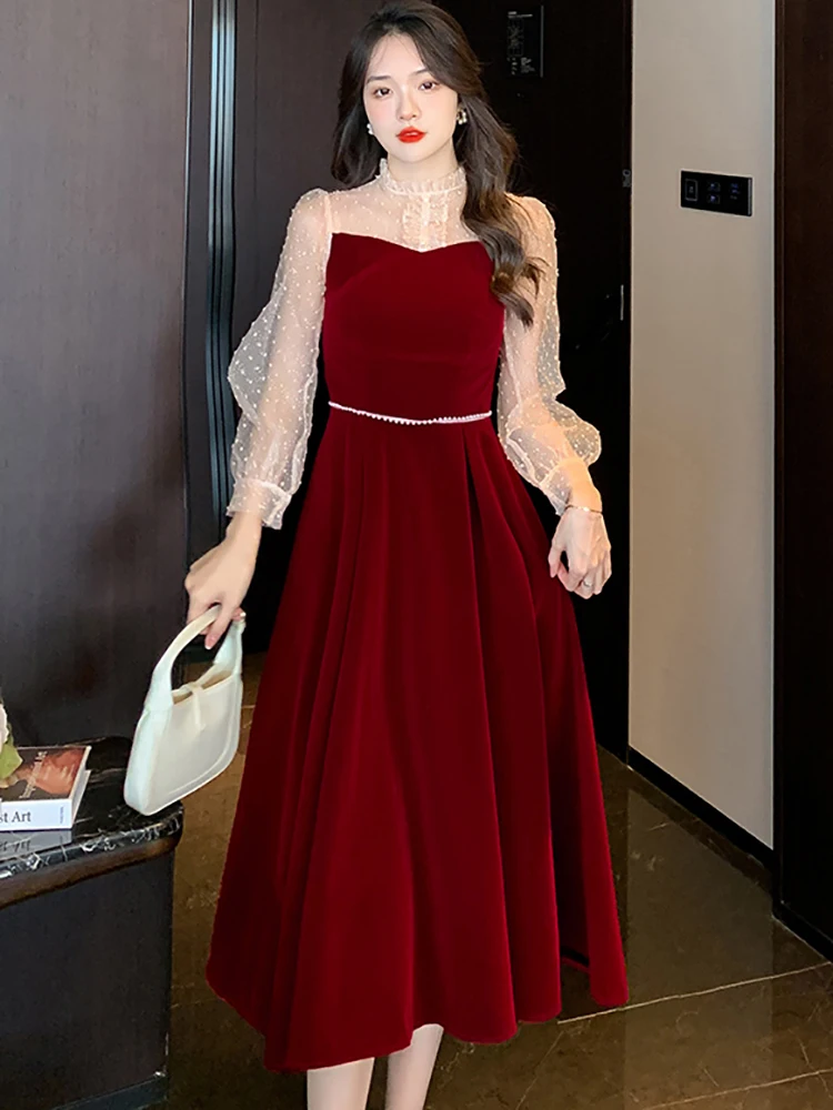 

Women Red Velvet Patchwork Mesh Long Sleeve Midi Dress Spring Autumn Chic Beading Ruffled Collar Dress 2023 Korean Elegant Dress