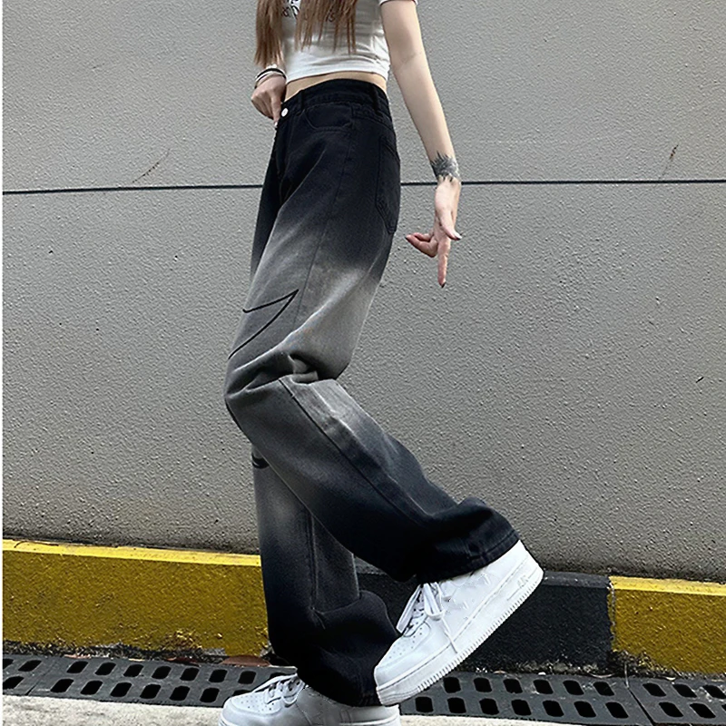 Gradient Jeans Women's High Waist Thin Looking Fashion All-Match Loose Straight Wide Leg Women's Casual Pants