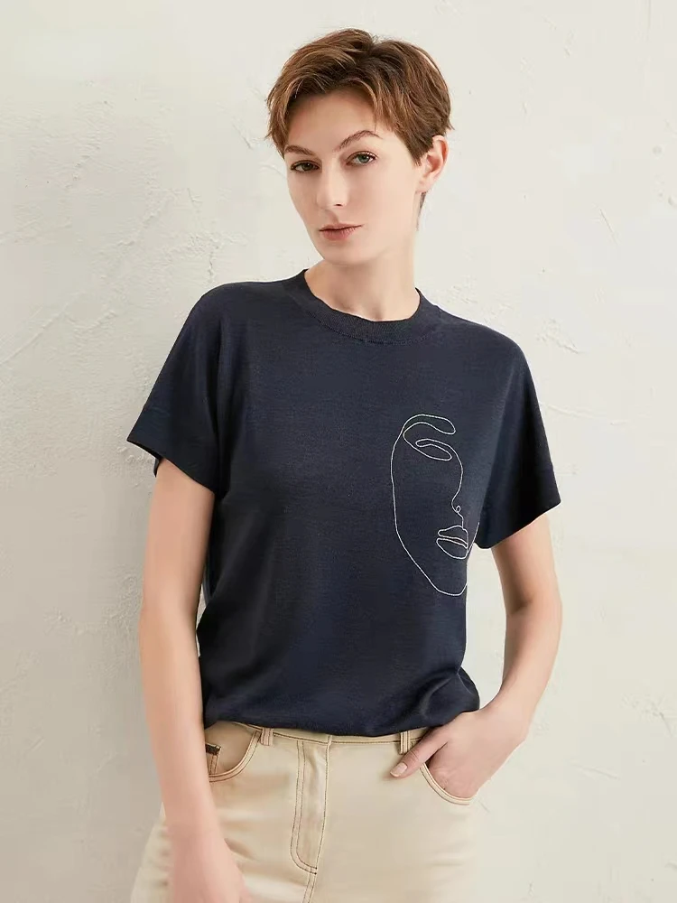 

Women Silk Cashmere Blend Crew Neck Abstract Face Pattern Breathable T-Shirt 2023 Summer New