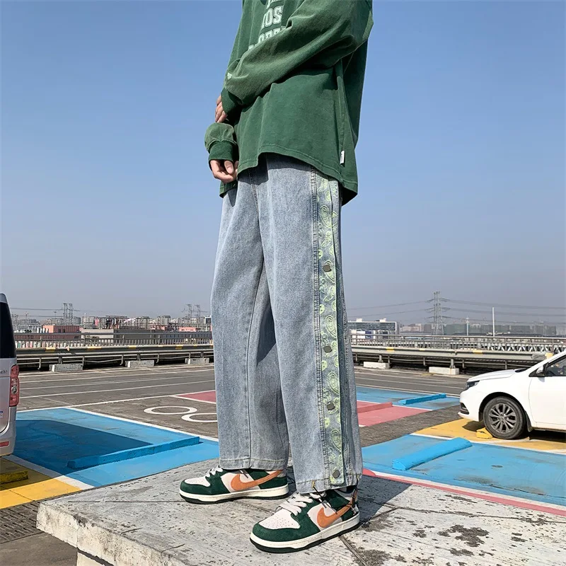 Harajuku Style Wide Leg Jeans Men's Ins Fashion Brand Spring Retro Draping Straight Button Pants Loose Daddy Pants