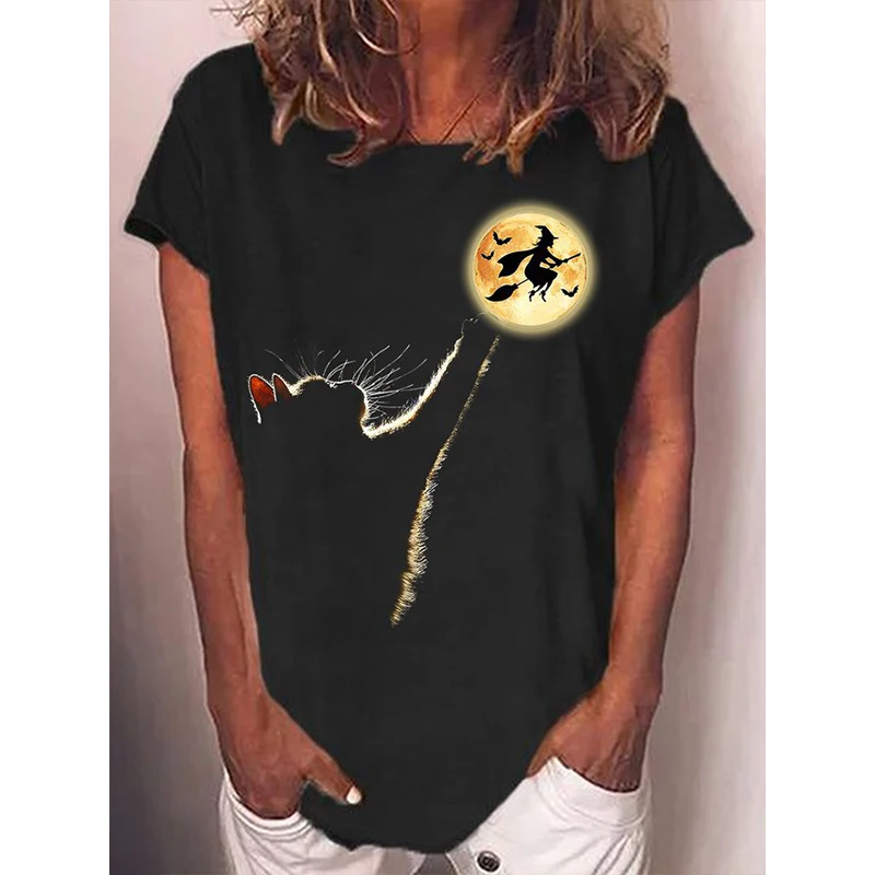 

Rheaclot Halloween Cat Witch Moon Printing Women's Retro Vintage Cotton T-shirt