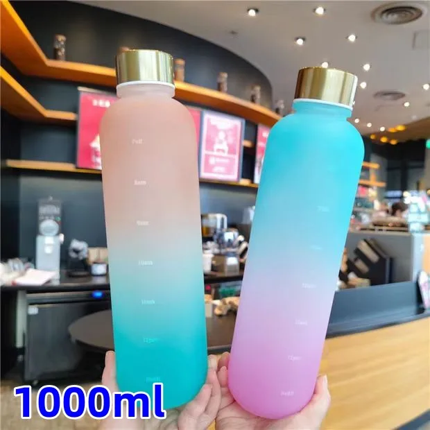 1 L Frosted Water Bottle with Time Marker Fitness Sports Outdoor Travel Portable Spill-Proof Drinkware Summer Cold Drink Bottle