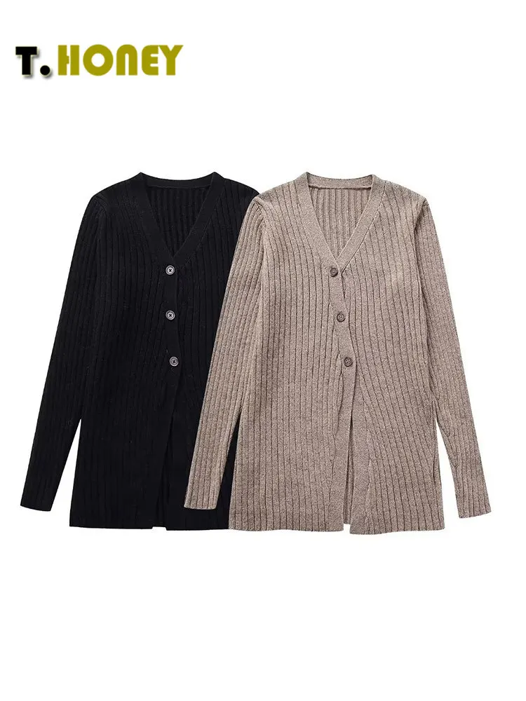 

TELLHONEY Women Fashion V-Neck Single Breasted Screw Thread Knitted Sweater Female Casual Long Sleeves Slim Fitting Cardigans