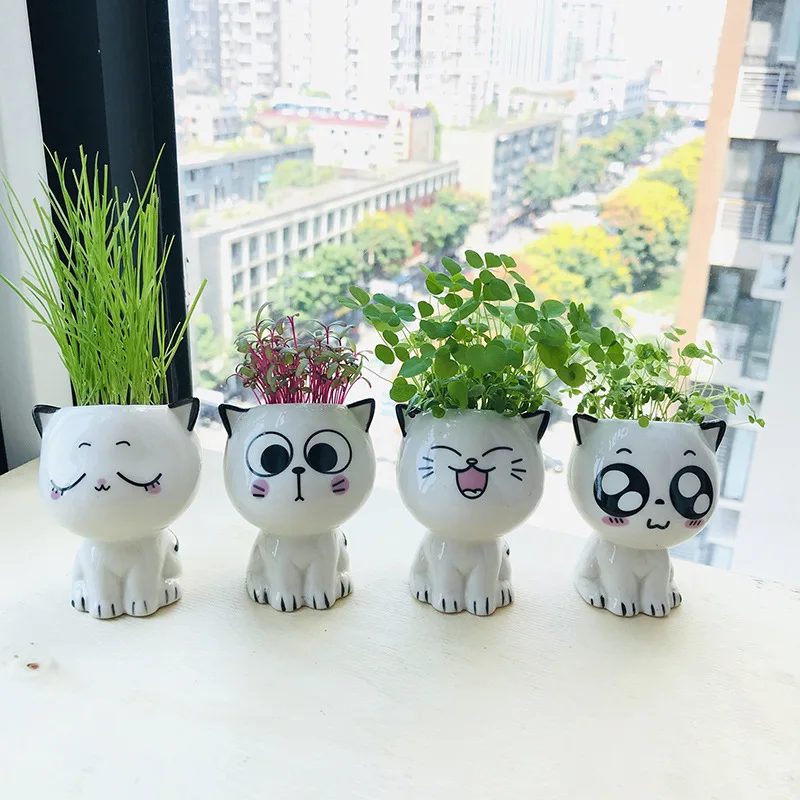 Миниатюрный керамический цветочный горшок в форме кошки мультяшный милый ручной