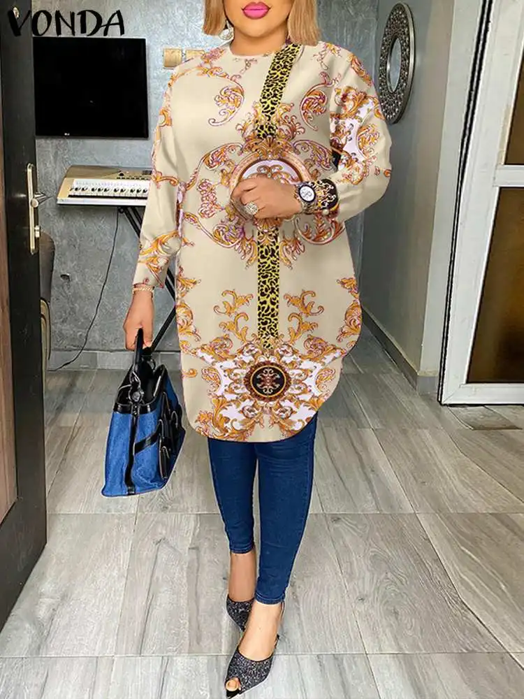 

Bohemian Women Printed Blouses 2023 VONDA Long Sleeve Fashion Shirt Casual Loose Long Tops Vintage Asymmetrical Blusas Femininas