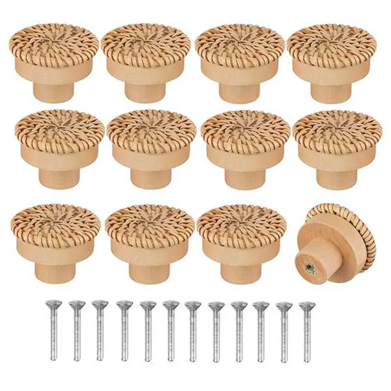 6/12Pcs Rattan Knobs Boho Round Wooden Wardrobes Dresser Cab