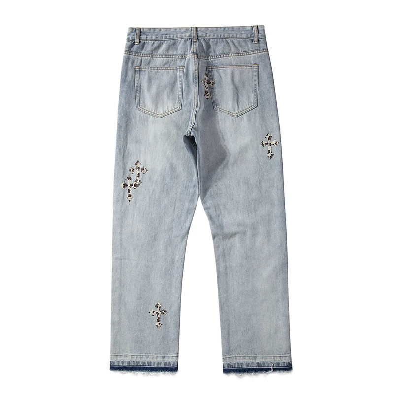 Mens High Street Casual Washed Straight Oversize Jeans Pants 2022 New Unisex Ripped Retro Hole Cross Embroidery Denim Trousers