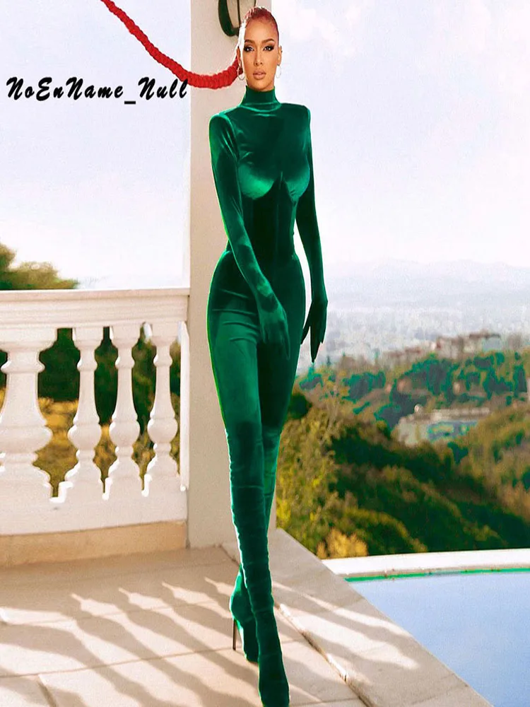 

Y2K Sexy Bodycon Jumpsuit High Collar Long Sleeve Finger Fleeve Integrated Pants Gothic Velvet With Corset Gloves Streetwear