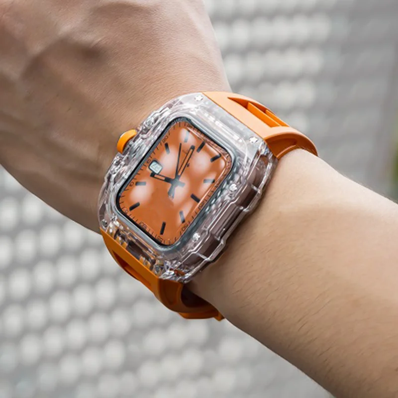 Senior Transparent Mod Kit Case For Apple Watch 45MM 44MM Fluororubber Band For iWatch Series Ultra 8 7 6 5 4 SE Silicone Strap