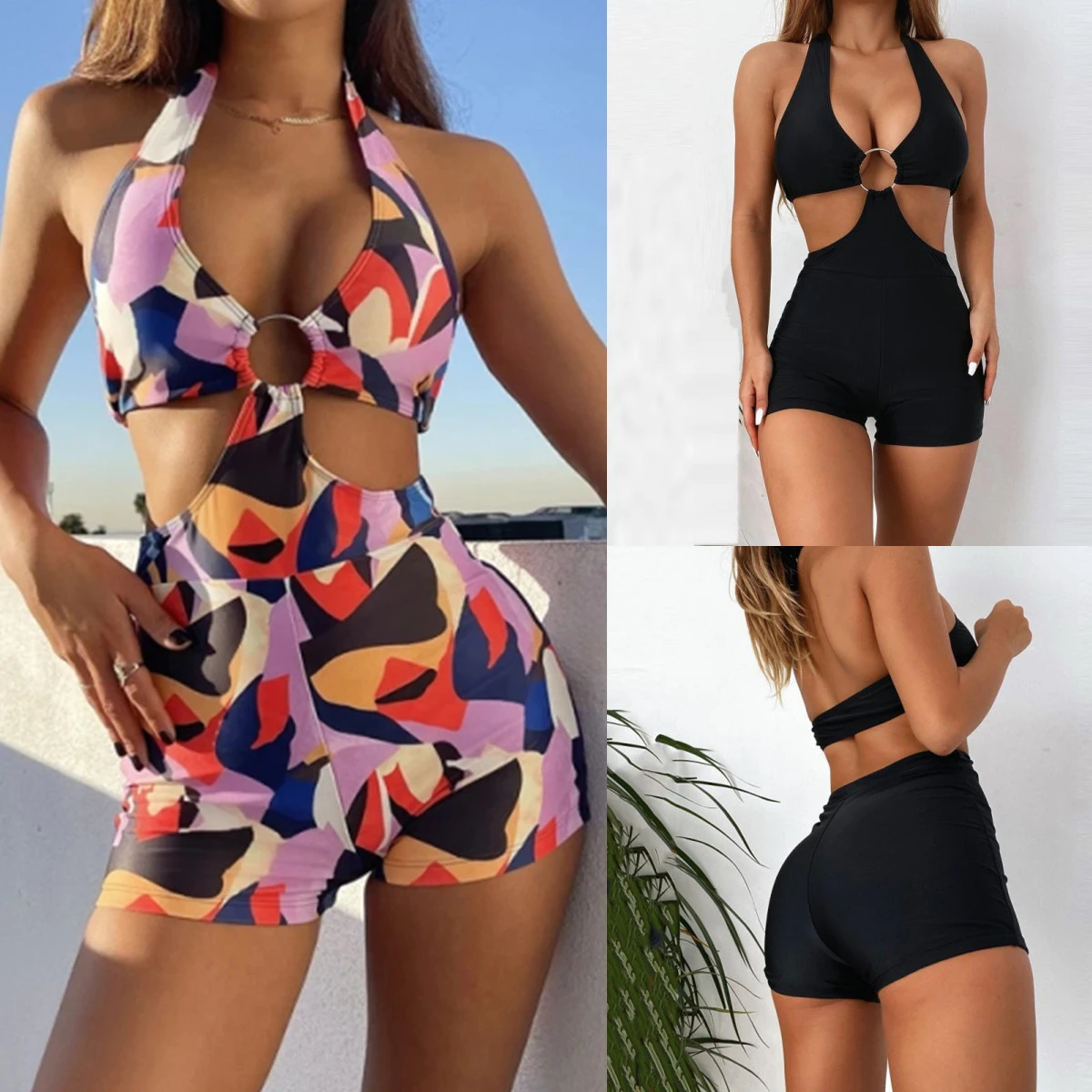 

Swimwear Women Shorts Bathing Suit One Piece Swimsuit Rib Ring Linked Swimming Costume Halter Swim Suit Beach Outfits for Women