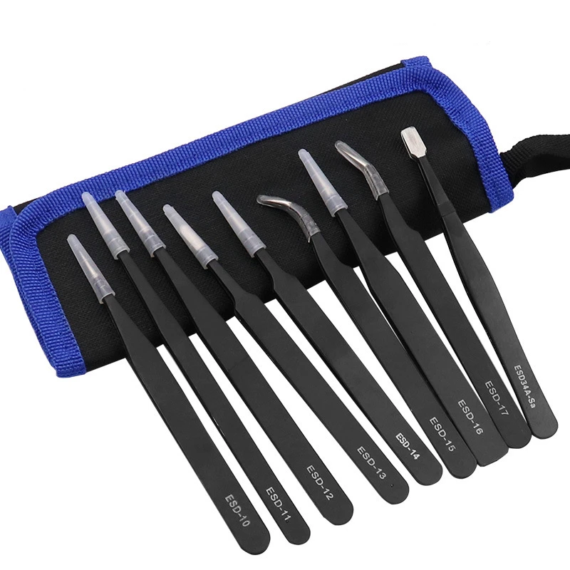 

9pcs ESD Stainless Steel Antistatic Tweezers Maintenance Tools Straight Curved Tweezers Industrial Precision Repair Tools