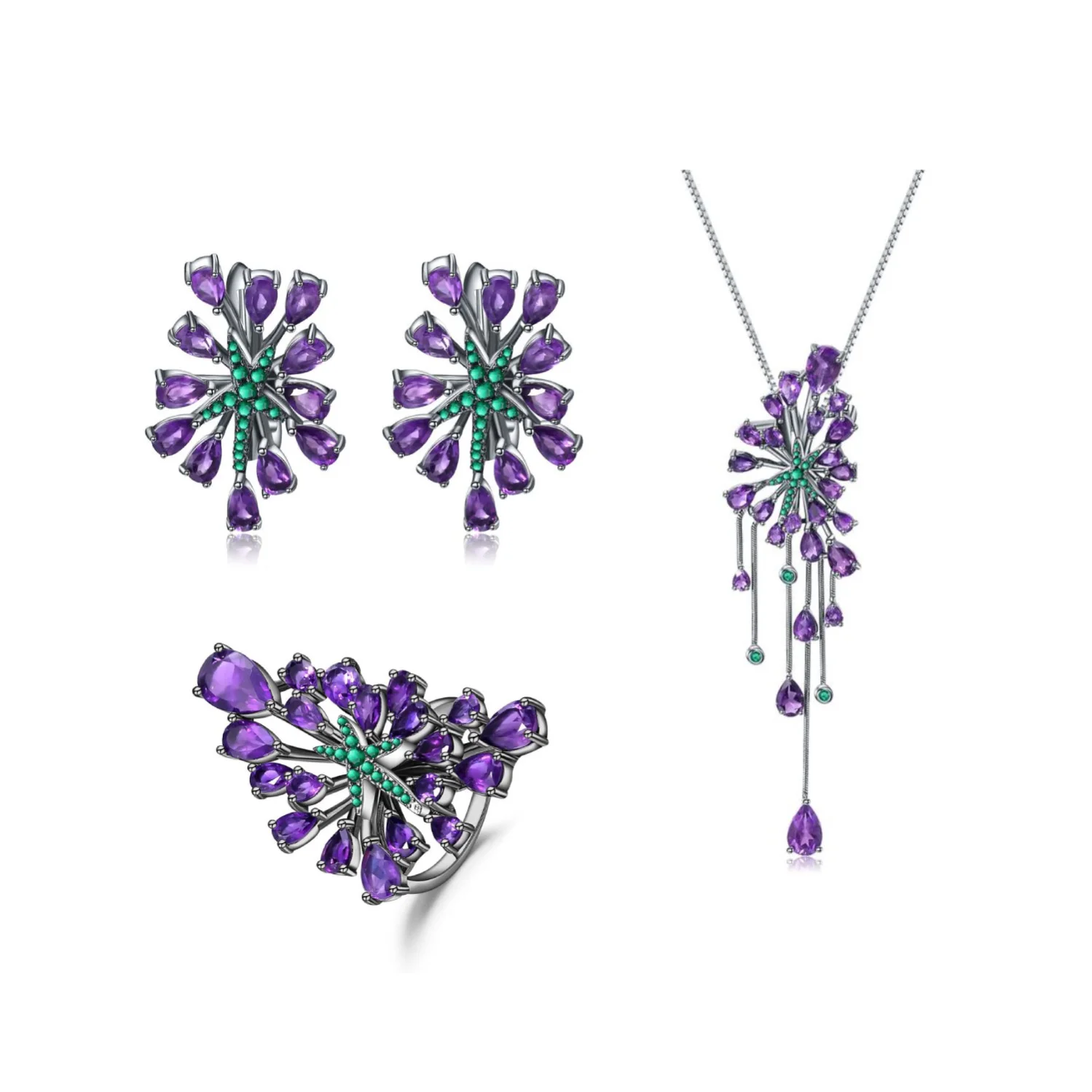 

genuine real brand jewels Designer's Premium Luxury Jewelry Set s925 Silver Natural Amethyst Ring Earrings Pendant high quality
