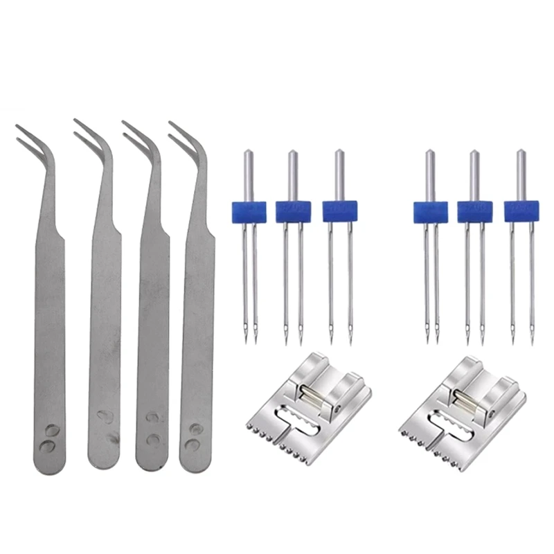 

4X Silver Tone 5 Inch Length Metal Bent Tip Tweezers & 6Pack Double Twin Needles Wrinkled Needle