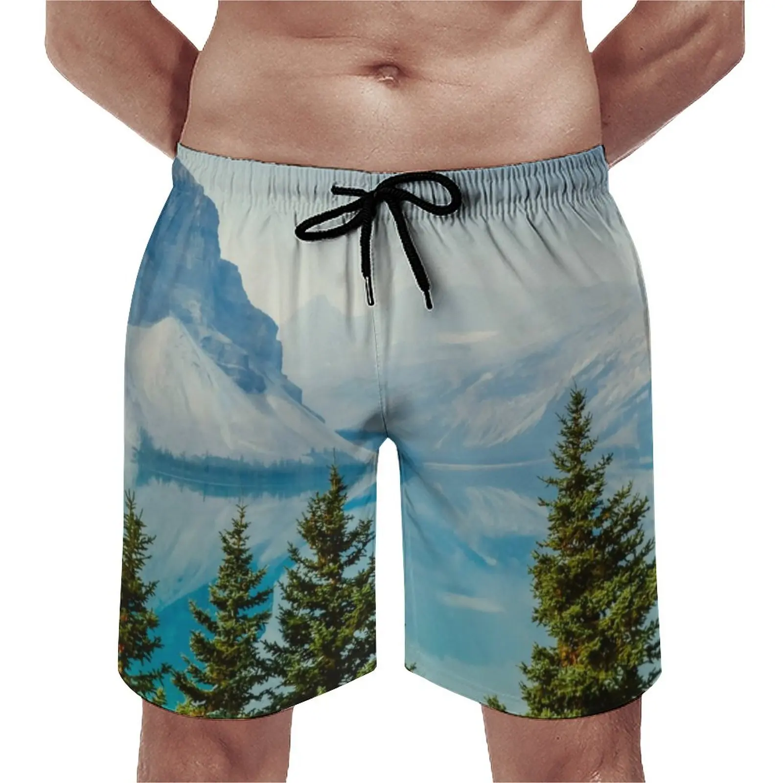 

Board Shorts Winter Mountains Casual Swimming Trunks Tree And Lake Print Male Comfortable Surfing Trendy Large Size Beach Shorts