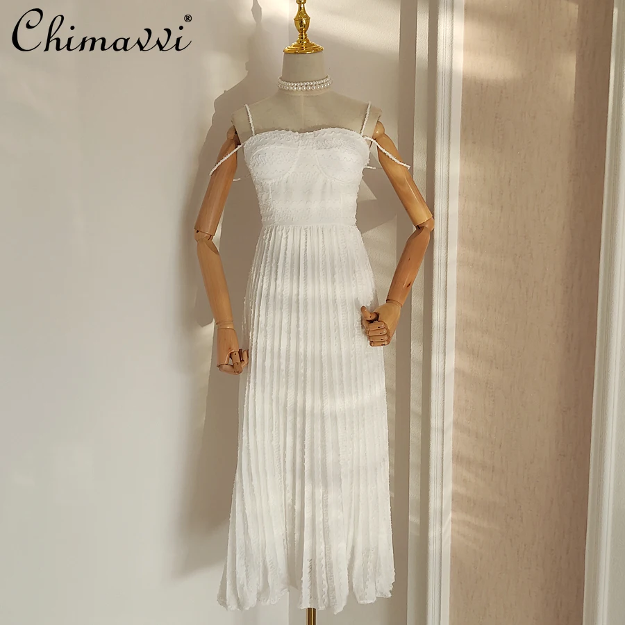 

Женское Плиссированное Платье, белое шифоновое жаккардовое платье на бретельках с открытой спиной и высокой талией, лето 2022