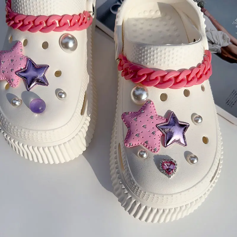Pink Chunky Acrylic Chains Y2K Stars Shoes Charms Luxury Vintage Bling Heart Rhinestones Starry Sky Shoe Accessories Jewelry New