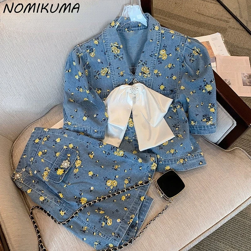 Nomikuma Цветочные джинсовые женские комплекты из двух частей шикарные Короткие