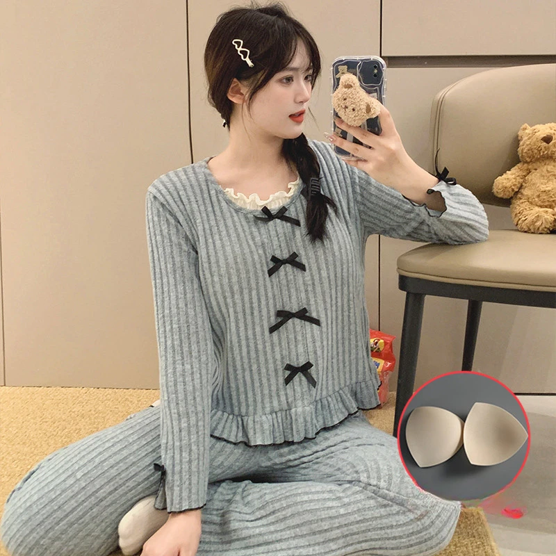 Женские пижамные комплекты с нагрудными подушечками шикарный дизайн бантом и