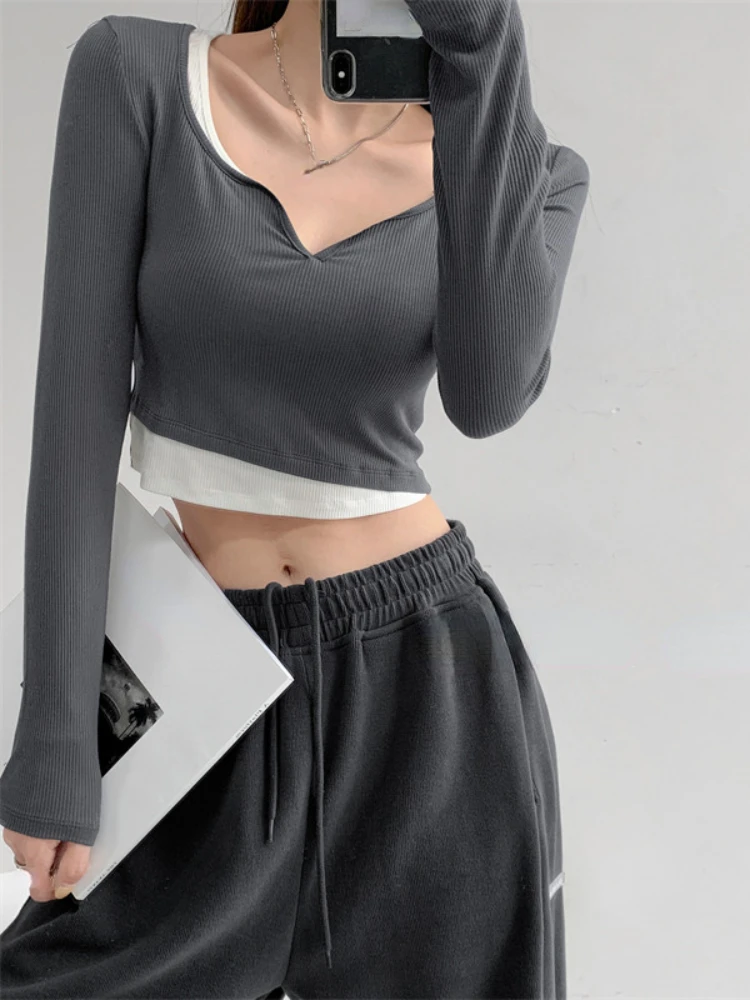 

Элегантная футболка с длинным рукавом для девочек, тонкие облегающие кроп-топы Y2k, Женская корейская модная одежда, Элегантная блузка, Офисн...