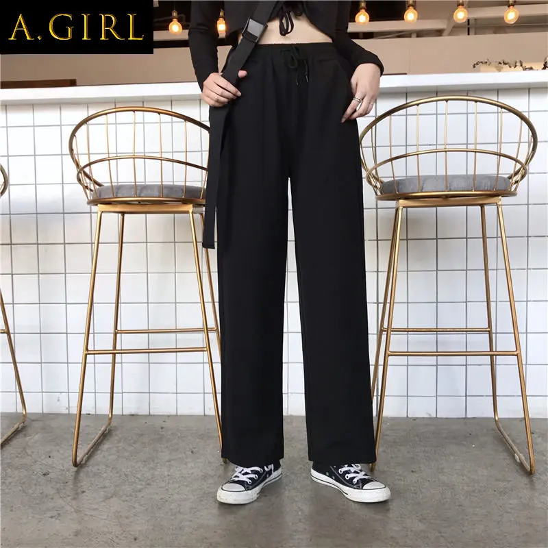 

Широкие брюки для девочек, женские черные корейские шикарные универсальные популярные повседневные женские длинные брюки, стильная простая футболка на шнуровке