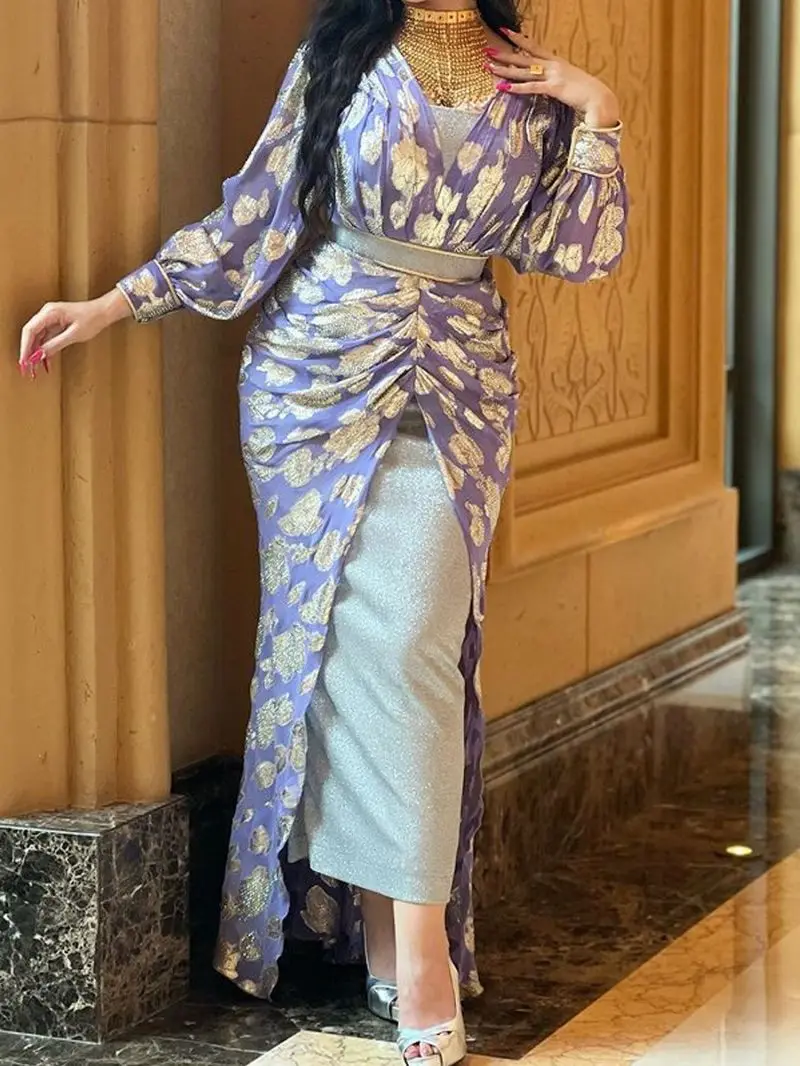 PLEINDI Bohemian Evening Dresses V-Neck Long Sleeve Mermaid Ankle-Length Chiffon 2022 New of Floral Print Boho Women Dress