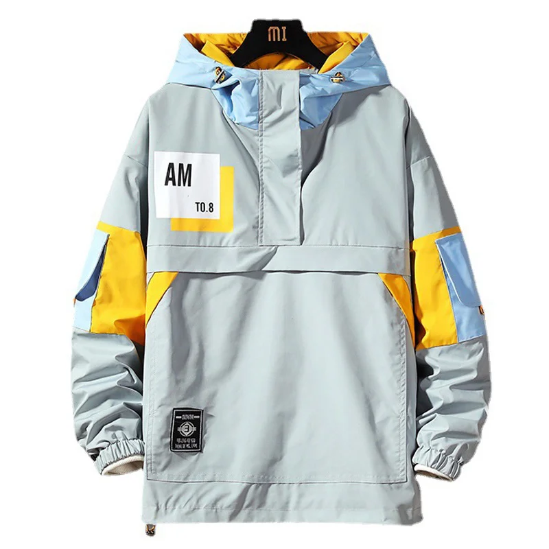 

Men's Half Zipper Design Pullover Jackets Fashion Plus Size Letter Print Korean Style Waterproof Outwear Color Matching Hoodeis