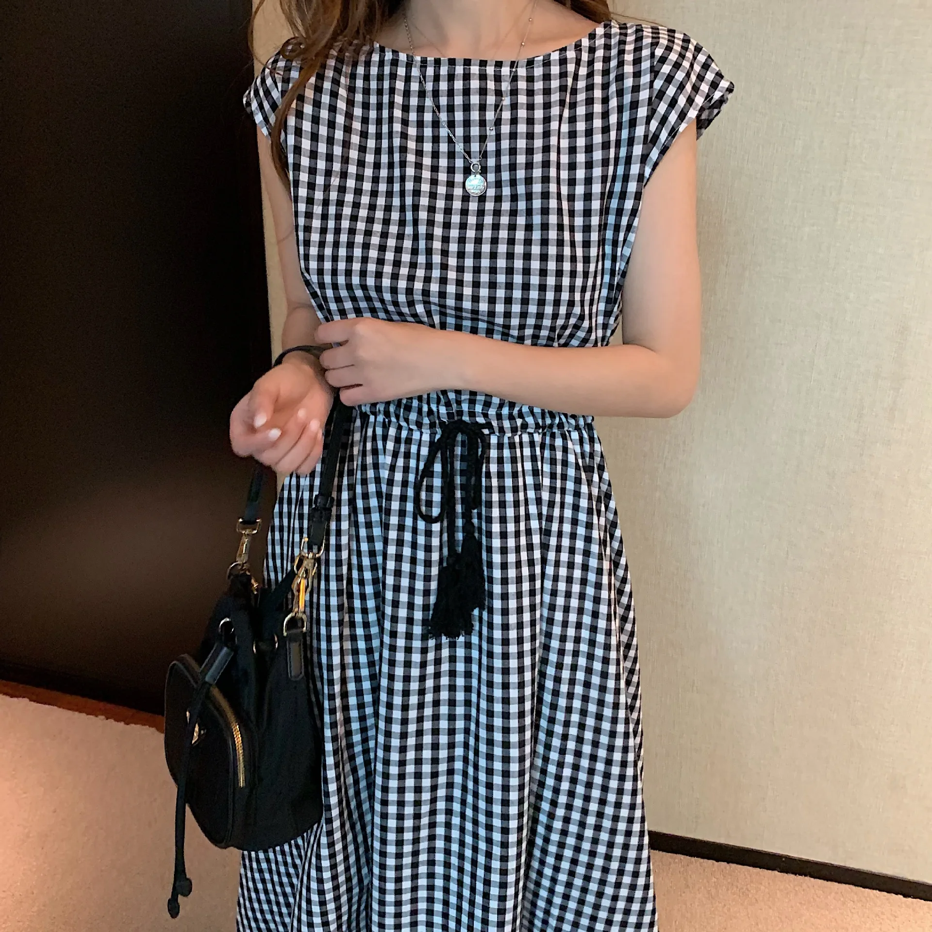 

Solid Color Short Sleeve Dress 2022 Summer Casual Drawstring Waist Slim Cotton Linen Dress Women Plaid Black Vestidos Clothing