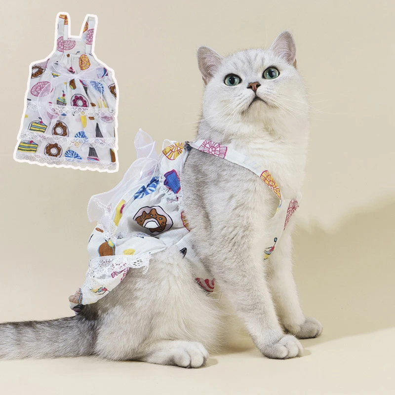 

Flower Print Princess Cake Cat Dress Lace Cotton Sleeveless Vest Skirt For Small Dogs Evening Party Dress Summer Cat Clothes