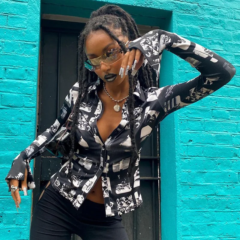 

Summer New Women Tops 2023 Fashion Print Lapel Cardigan Single-breasted Long-sleeved Casual Women Luxury Shirt Tops