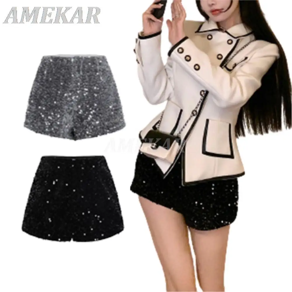 2023 Spring Black Velvet Shorts For Women Sequined Shiny Versatile Short Pants Lady Sexy Clubwear Shorts Hot Pants High Street