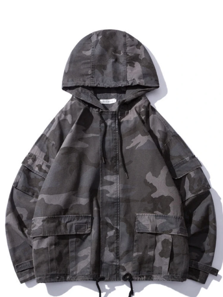 

Japanese Cargo Jacket Men Camouflage Hooded Oversized Men Women Couples Overall Windbreaker Coat Outerwear Streetwear Top Casual