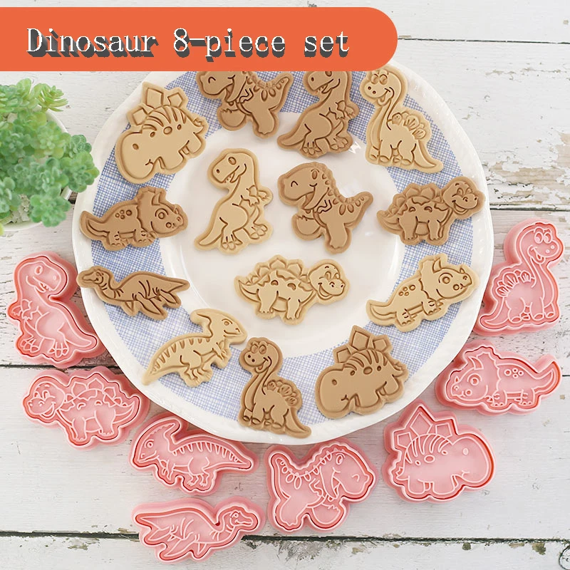

8 Pcs/set Cookie Cutters Plastic 3D Dinosaur Shape Cartoon Pressable Biscuit Mold Cookies Stamp Kitchen Baking Pastry Bakeware