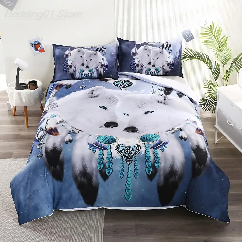 

3pcs Arctic Wolf Printed Bedding Dreamcatcher National Style Guest Room Duvet Cover Set (1pc* Duvet Cover + 2pcs Pillowcase)