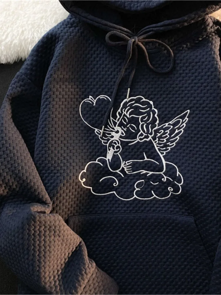 

Свитер с капюшоном Kawaii Harajuku вышивка с ангелом Мужская и женская одежда для пар топы с длинными рукавами в студенческом стиле ленивый стиль