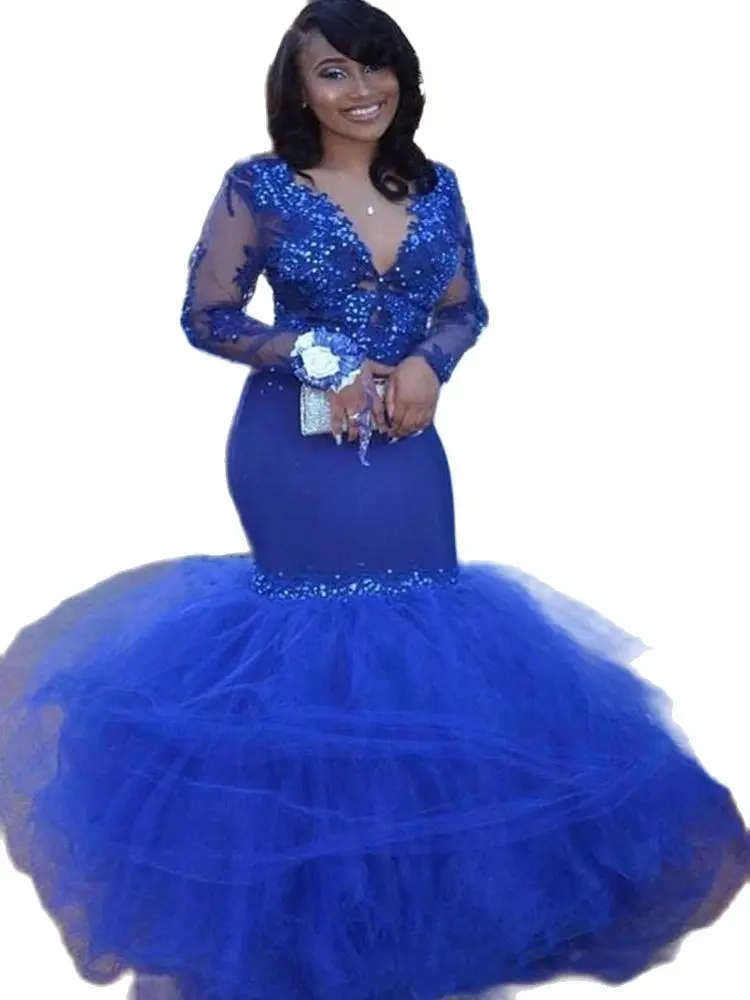 

2023 Generous Royal Blue Lace Mermaid Prom Dresses V Neck Sheer Long Sleeves Tulle Applique Beaded Formal Party Wear Gowns